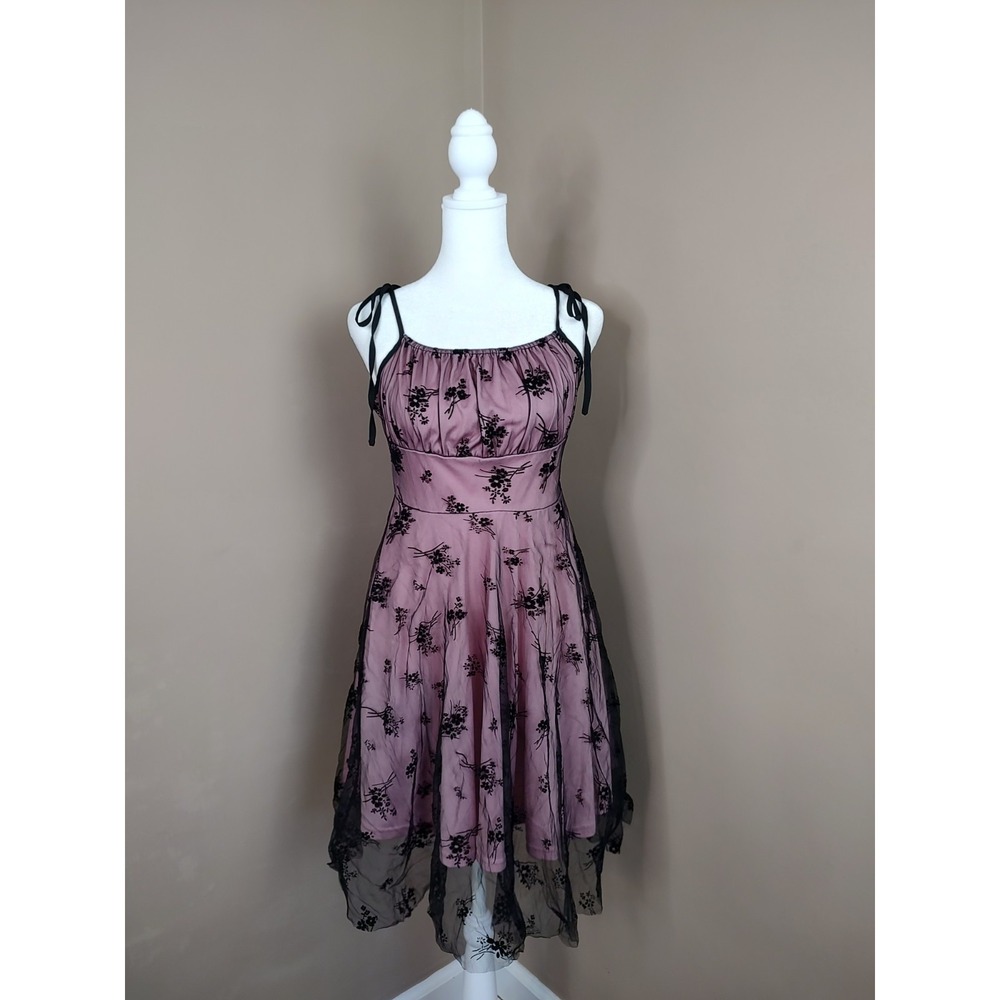 SHEIN Women Pink Black Mesh Floral Flocked Tie Strap Fit & Flare Dress Small